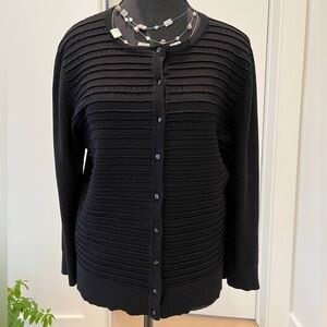 CARDIGAN Black Button Front Horizontal Rib Pointelle Pattern Front 3/4 Sleeve